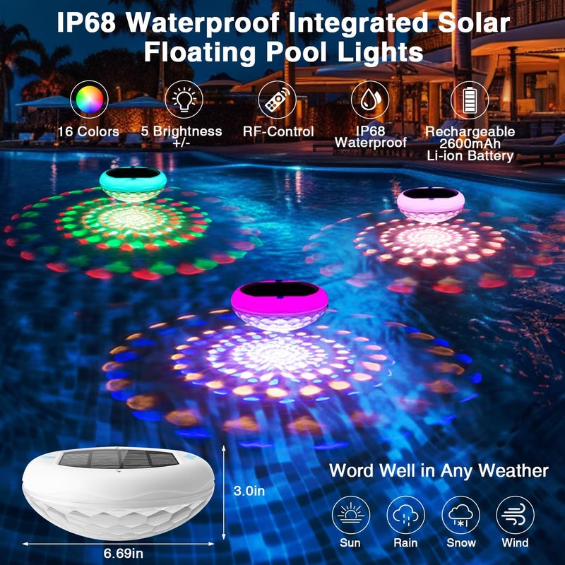 QOLNBY Pool Lights, 2-in-1 Solar USB Rechargeable Floating Pool Lights, 6.69 Inch 2600mAh IP68 Waterproof 6 Dynamic Modes Upper and Lower Color Changing Hangable Solar Floating Light for Pools 1 PCS - Image 3
